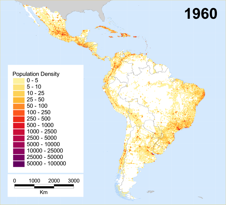 Population density maps of LAC, year 1960-2000